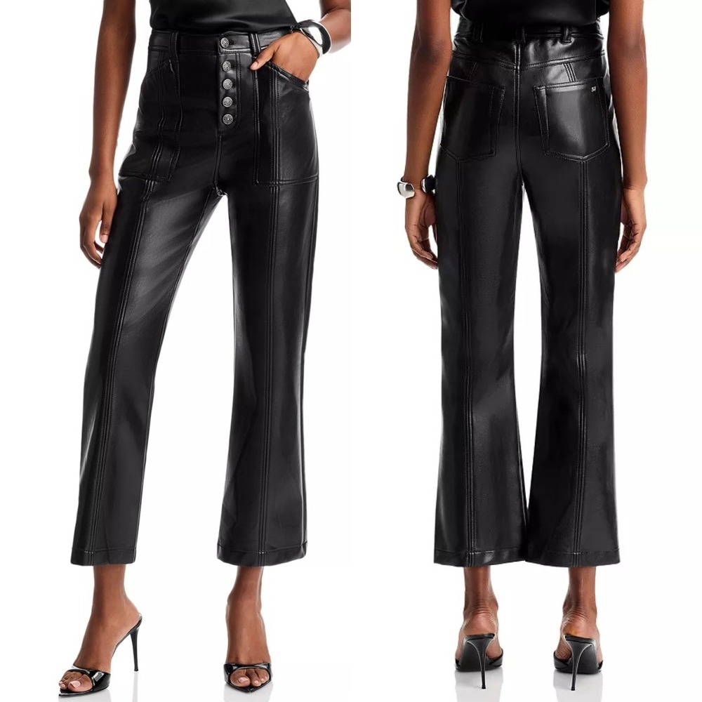 Cinq a Sept Black Faux Leather‎ Wallace Wide Leg Button Fly Pants Size 10